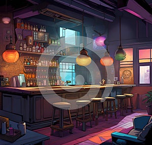 Cozy cafe bar for relaxation, vector stretch illustration for design,