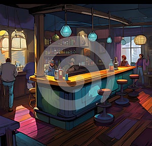 Cozy cafe bar for relaxation, vector stretch illustration for design,