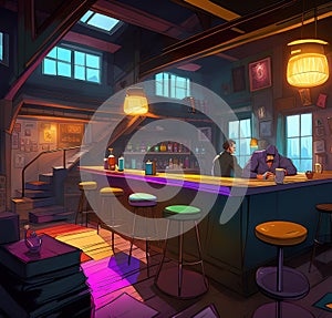 Cozy cafe bar for relaxation, vector stretch illustration for design,