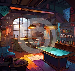 Cozy cafe bar for relaxation, vector stretch illustration for design,