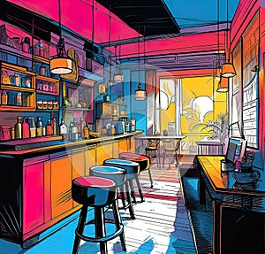 Cozy cafe bar for relaxation, vector stretch illustration for design,