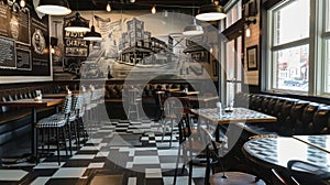 This cozy cafe has a vintage feel with black and white checkered floors and a leather banquette along one wall. The photo