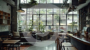 A cozy cafe nestled in a bustling city with an industrialinspired design that incorporates large windows and high photo