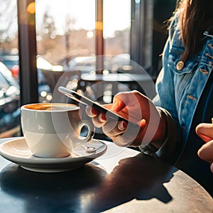 Cozy cafe vibes with a smartphone in hand, coffee cup, and denim jacket.