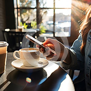 Cozy cafe vibes with a smartphone in hand, coffee cup, and denim jacket.