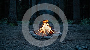 Cozy campfire in dark forest at night