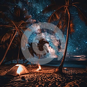 A cozy campsite on a sandy beach under a breathtaking starry sky, with a glowing tent, a campfire, and palm trees silhouetted