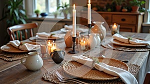 Cozy candlelit dinner table with rustic decor and woven placemats