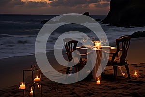 Cozy candlelit dinner for two on a secluded beach with waves crashing gently in the background. Generative AI