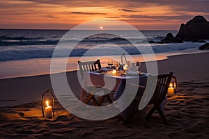 Cozy candlelit dinner for two on a secluded beach with waves crashing gently in the background. Generative AI