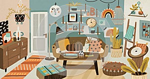 Cozy cartoon interior design vector illustration. Colorful domestic furnishing with houseplant, couch, coffee table and