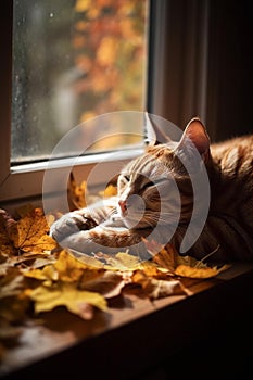Cozy Cat Nap on Autumn Windowsill