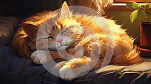 Cozy cat nap on the couch watercolor illustration - Generative AI. Red, cat, sleeping, sunbeams.