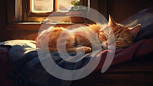 Cozy cat nap on the couch watercolor illustration - Generative AI. Red, cat, sleeping, sunbeams.