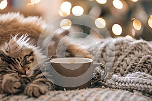 Cozy Cat Nap with Warm Cup - Comfortable Home Atmosphere