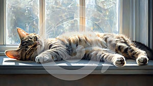 A cozy cat sleeping peacefully on a sunny windowsill Generative AI