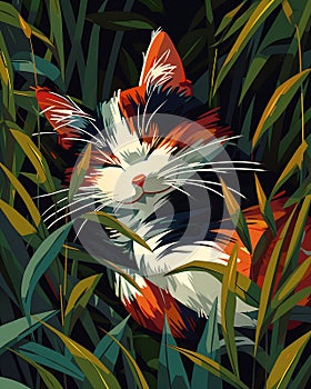 Cozy Catnap: A Vibrant Vector Illustration of a Tri-Color Kitten