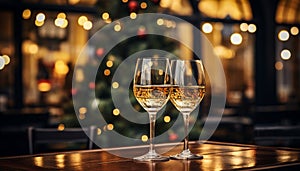 Cozy celebration, wineglass illuminated with Christmas lights, winter relaxation generated by AI