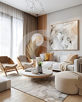 Cozy chairs and round coffee table near white sofa. Interior design of modern living room. Created with generative AI