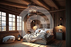 cozy chalet bedroom, with plush bed and warm decor