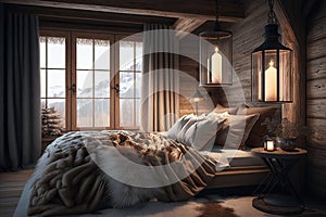 cozy chalet bedroom, with plush bed and warm decor