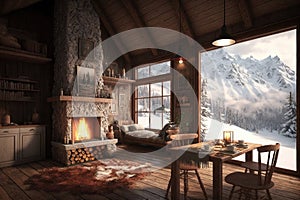 cozy chalet, with fireplace and warm knits, overlooking snow-covered mountain