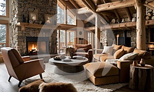 cozy chalet living room with a crackling fireplace
