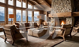 cozy chalet living room with a crackling fireplace