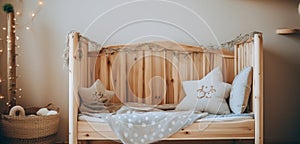 Cozy Children Bedroom With Wood Bed And Lights. Toddler Room With Decor And Rustic Wooden Furniture. Generative AI