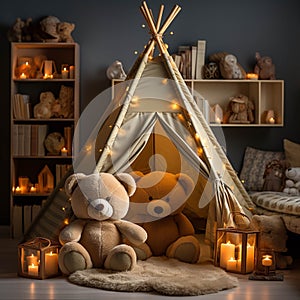 Cozy Children's bedroom at night with toys, teddy bear and a tent. Kindergarten during night time