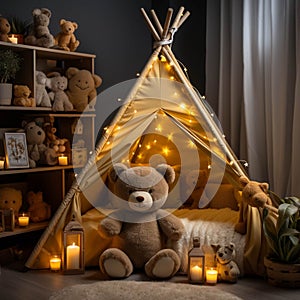 Cozy Children's bedroom at night with toys, teddy bear and a tent. Kindergarten during night time