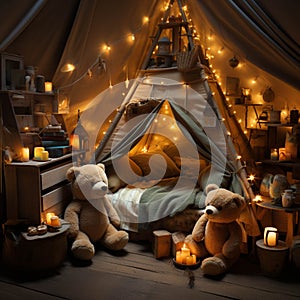 Cozy Children's bedroom at night with toys, teddy bear and a tent. Kindergarten during night time