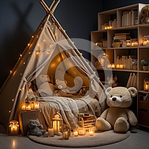 Cozy Children's bedroom at night with toys, teddy bear and a tent. Kindergarten during night time
