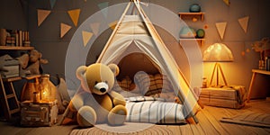 Cozy Children's Room With Plush Bear And Play Tent. Warm Kids Play Area. Generative AI