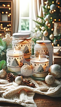 Cozy Christmas Ambience with Scented Candles, AI Generated