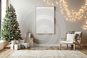 Cozy Christmas Corner with Decorated Pine Tree and Modern Frame Mockup