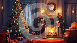 Cozy Christmas evening in the living room with a fireplace and a Christmas tree. Generative Ai