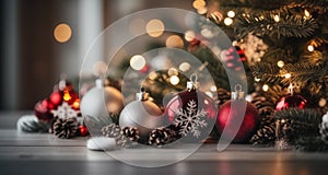 Cozy Christmas - Festive ornaments and twinkling lights on a wooden table