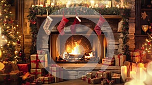 Cozy Christmas Fireplace Animation with Christmas stockings hanging by the chimney