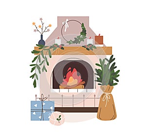 Cozy Christmas fireplace. Fireside decorated with Xmas ornament, winter holiday decorations. Warm fire place with