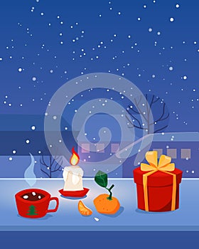 Cozy Christmas home window illustration with a gift box, acandle, a tangerine and a cup of hot drink. Winter snowy