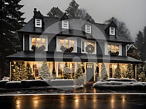 Cozy Christmas house rain blackandwhite cinematic.