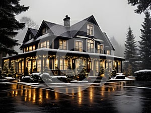 Cozy Christmas house rain blackandwhite cinematic.