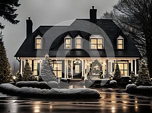 Cozy Christmas house rain blackandwhite cinematic.