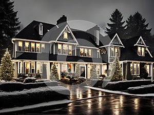 Cozy Christmas house rain blackandwhite cinematic.