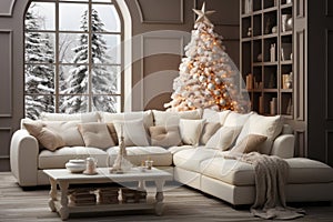 Cozy Christmas interior of the living room with a soft large sofa in the living room and a Christmas tree with lights