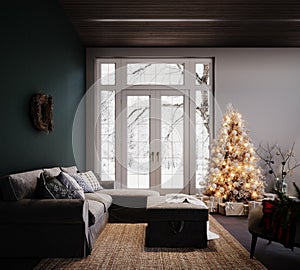 Cozy Christmas interior with white Christmas tree and decoration