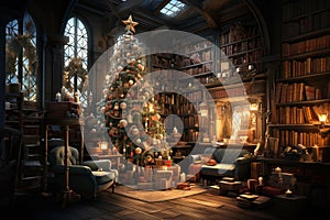 cozy christmas library with decorated tree and gifts