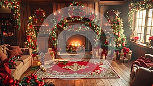 Cozy Christmas Living Room Decor with Fireplace, Festive Decorations, and Holiday Wreath Warm Seasonal Interior Design
