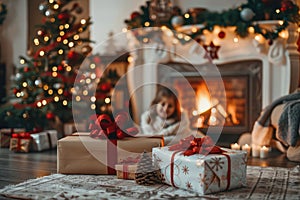 Cozy Christmas Morning with Presents and Fireplace in Background photo